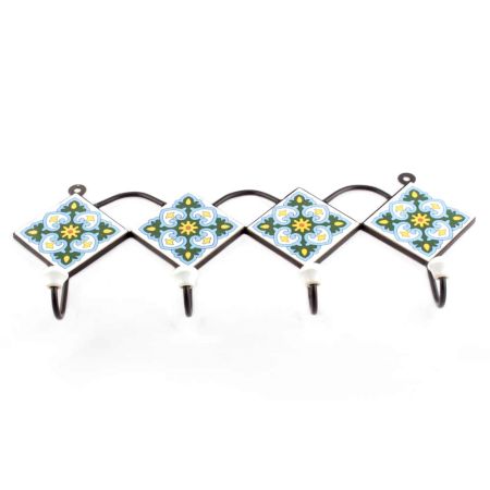 Turquoise And Forest Green Ceramic Floral Tiles Hooks
